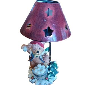 Tea Light Decorative Table Lamp with Resin Teddy Bear Winter Scene Figurine